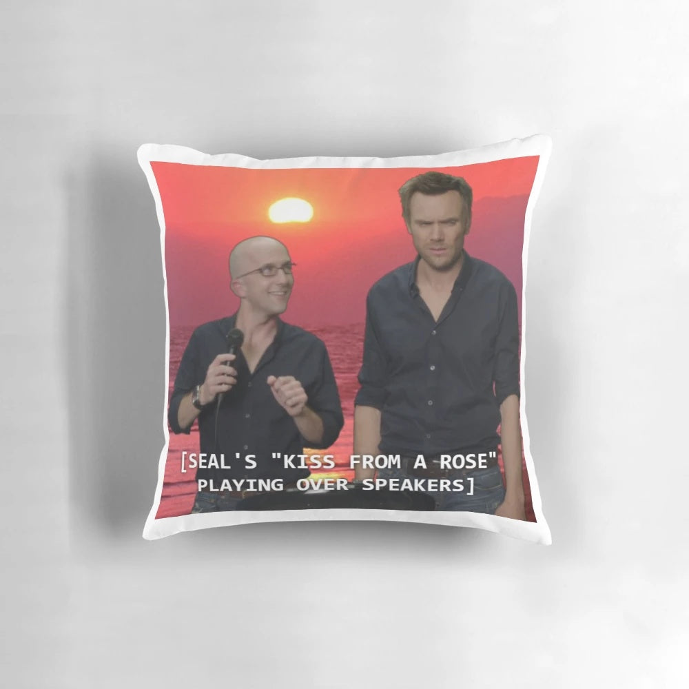 Community TV show inspired 'Kiss from a Rose' pillow featuring the characters Dean Pelton, Jeff Winger, and Britta Perry