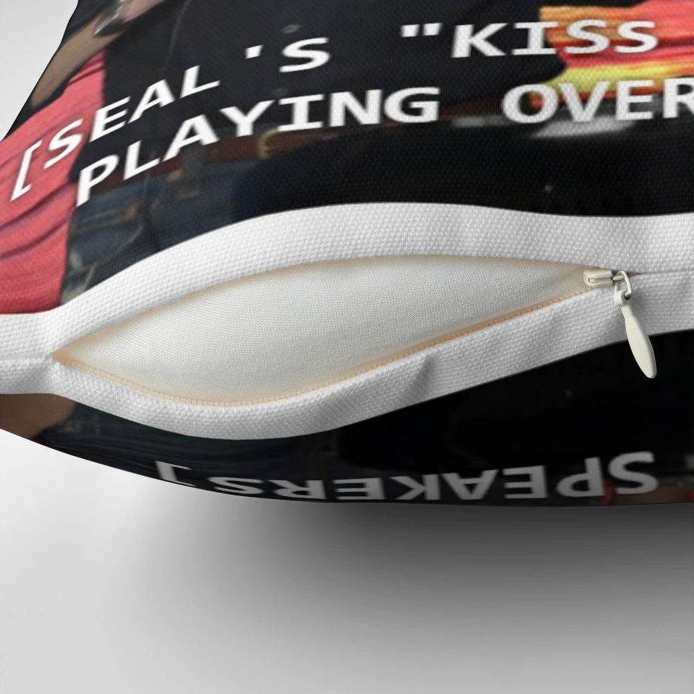 Community TV show inspired 'Kiss from a Rose' pillow featuring the characters Dean Pelton, Jeff Winger, and Britta Perry
