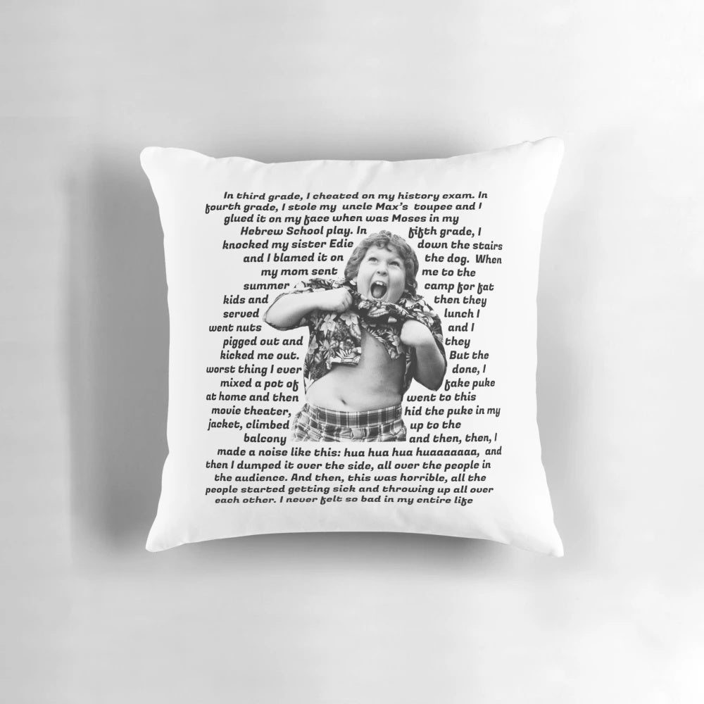 Chunk's Confession Pillow featuring the iconic Truffle Shuffle from the classic movie The Goonies