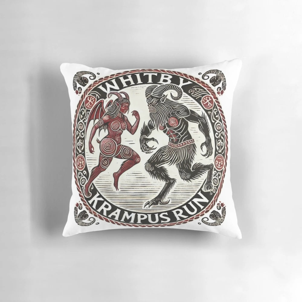 Krampus-themed throw pillow with folklore-inspired design