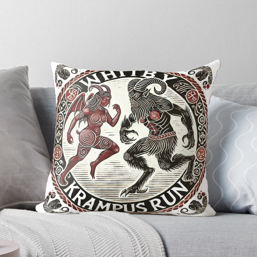 Krampus-themed throw pillow with folklore-inspired design