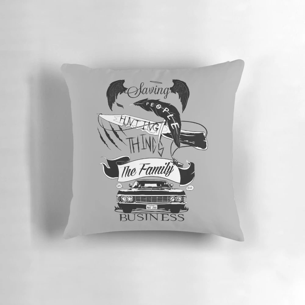 Decorative throw pillow featuring the iconic Impala and Winchester Brothers from the supernatural TV series
