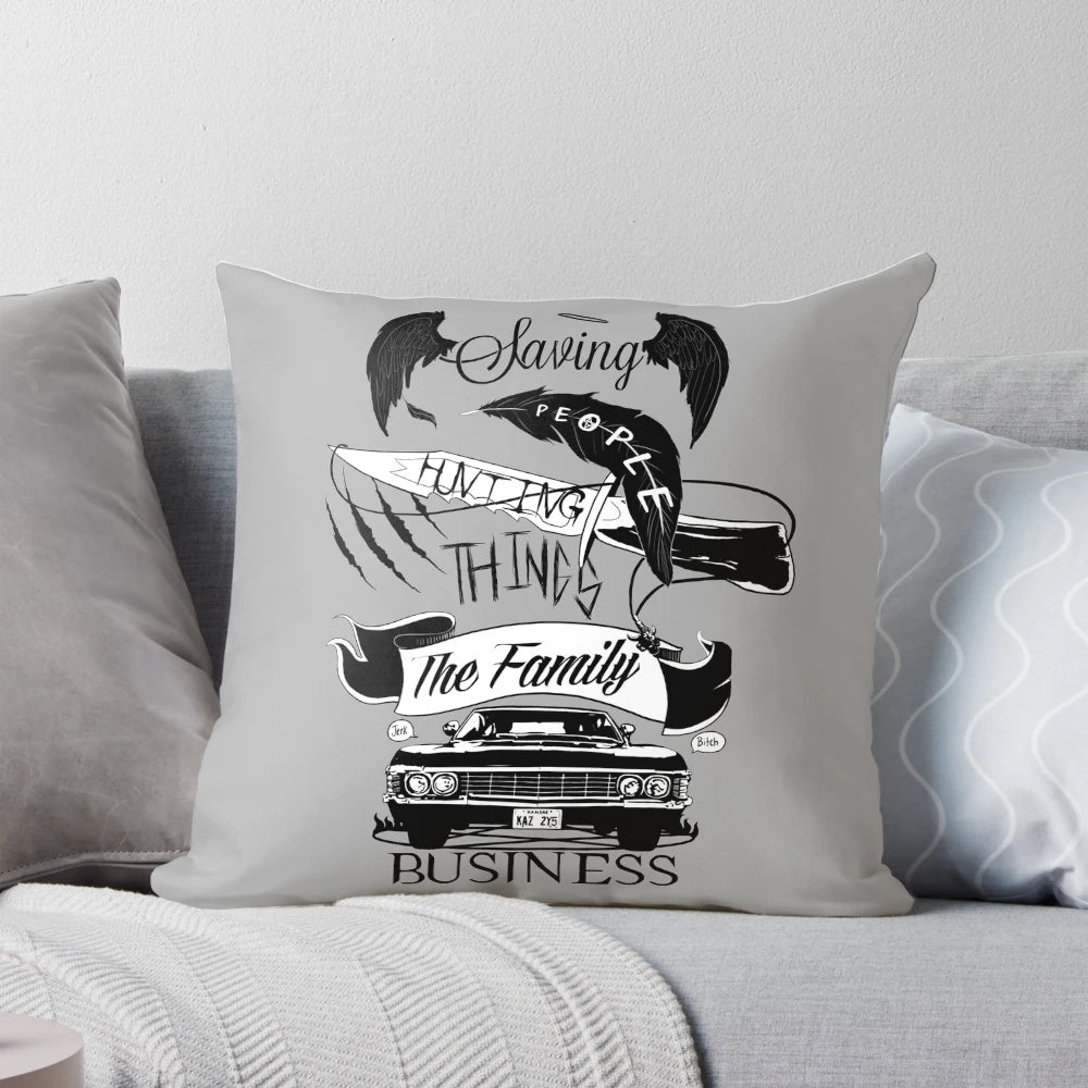 Decorative throw pillow featuring the iconic Impala and Winchester Brothers from the supernatural TV series