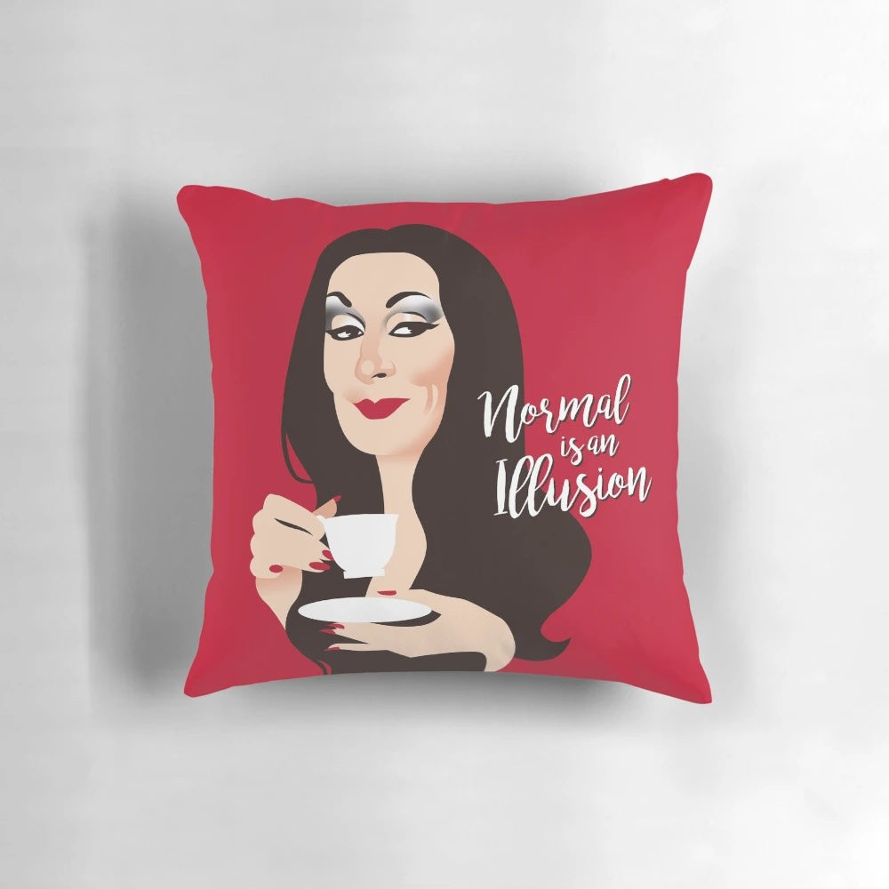 A decorative pillow featuring Morticia Addams, the iconic character from The Addams Family, against a dark, moody background.