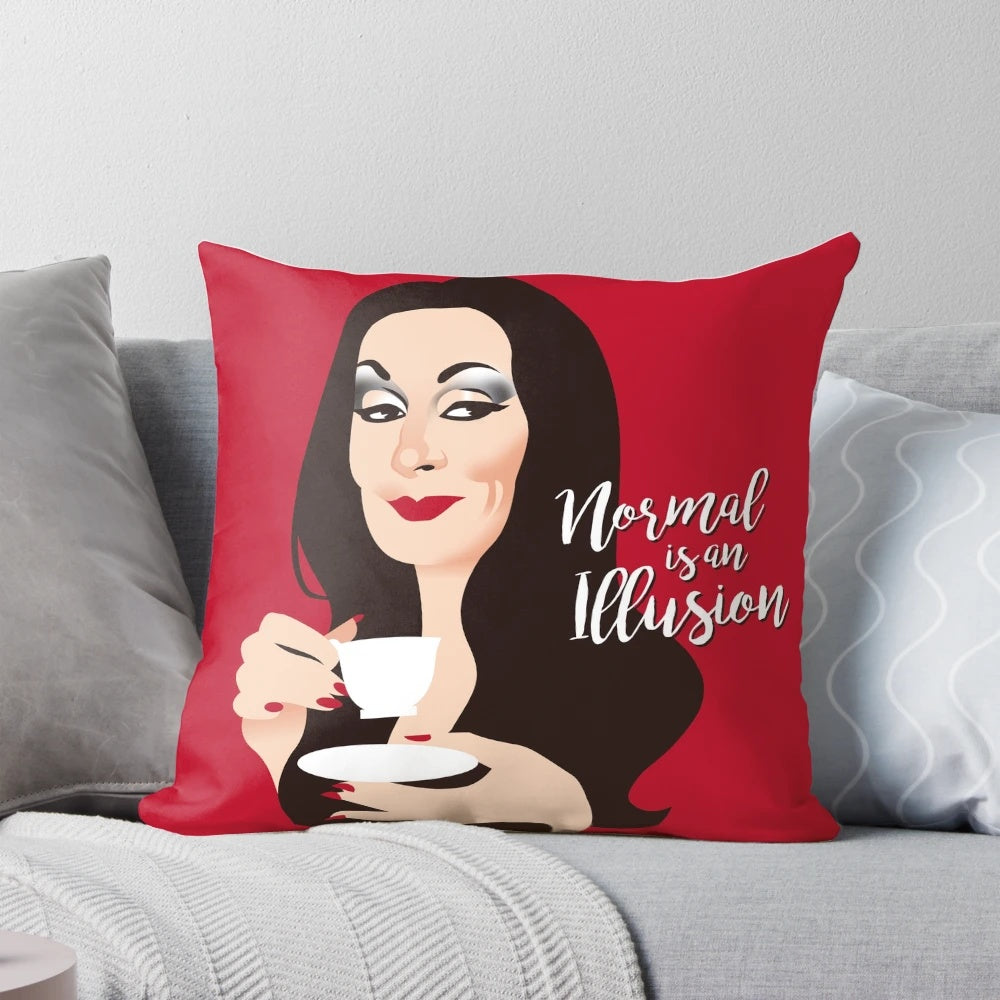 A decorative pillow featuring Morticia Addams, the iconic character from The Addams Family, against a dark, moody background.