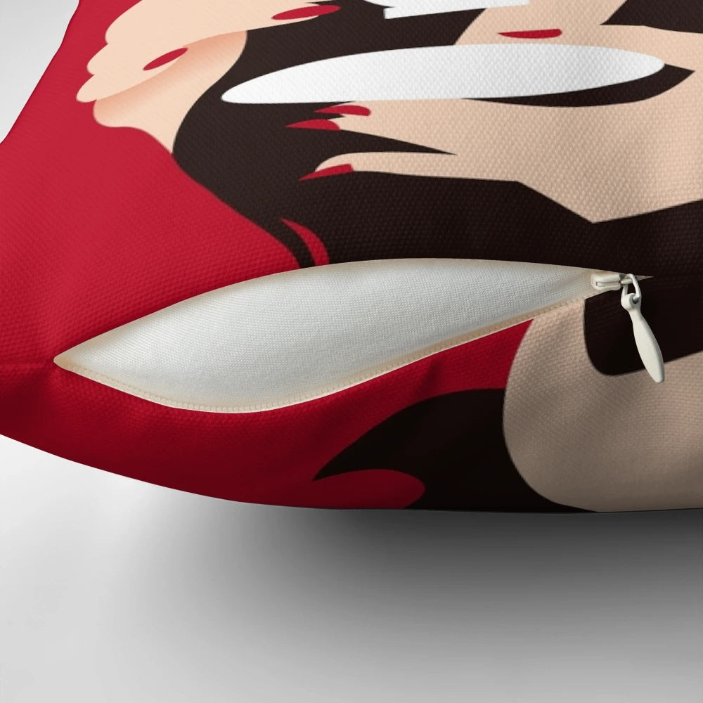 A decorative pillow featuring Morticia Addams, the iconic character from The Addams Family, against a dark, moody background.
