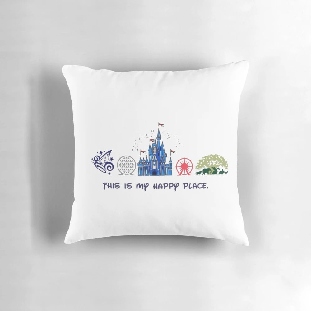 A plush, comfortable pillow featuring iconic Disney elements like Mickey Mouse, Cinderella's Castle, and more.