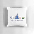 A plush, comfortable pillow featuring iconic Disney elements like Mickey Mouse, Cinderella's Castle, and more.