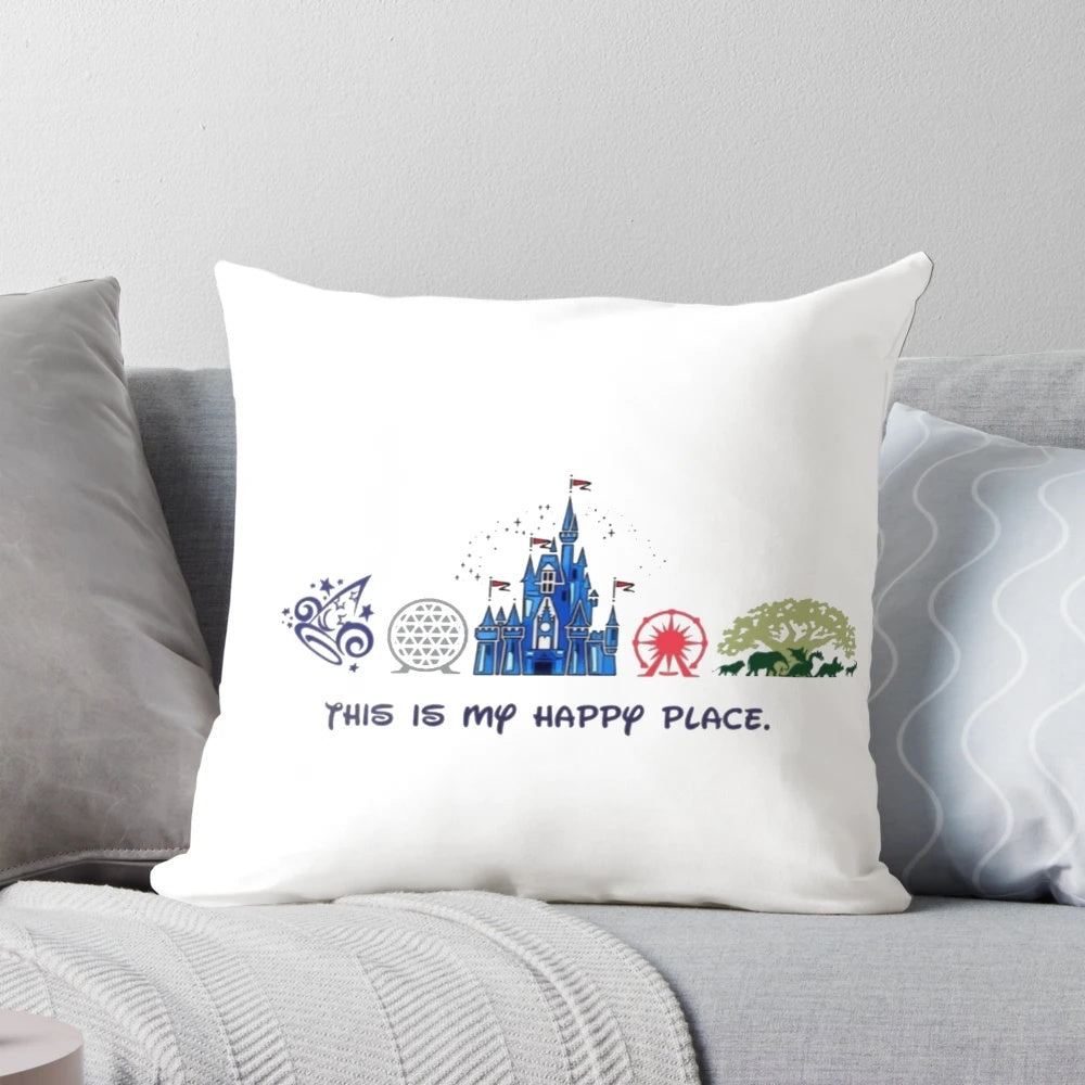 A plush, comfortable pillow featuring iconic Disney elements like Mickey Mouse, Cinderella's Castle, and more.