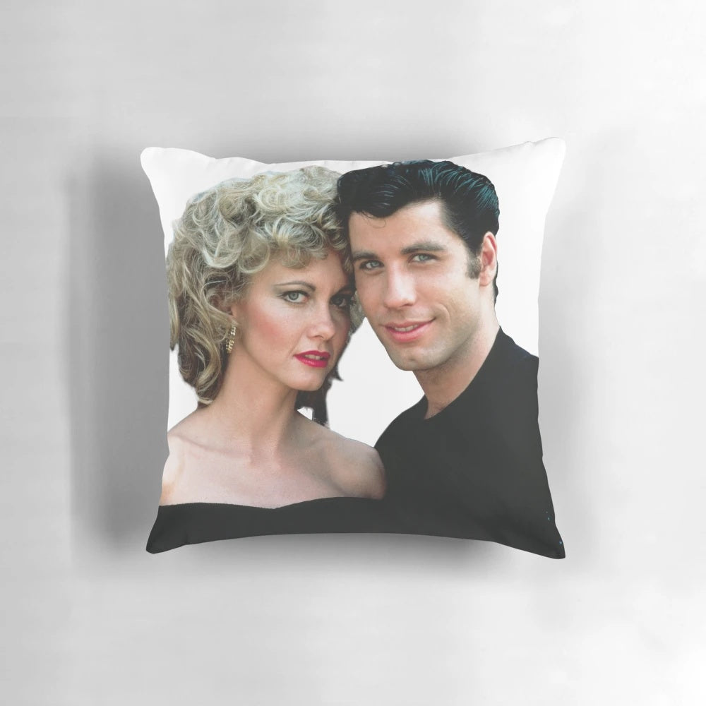 Grease-themed pillow featuring iconic characters Danny and Sandy