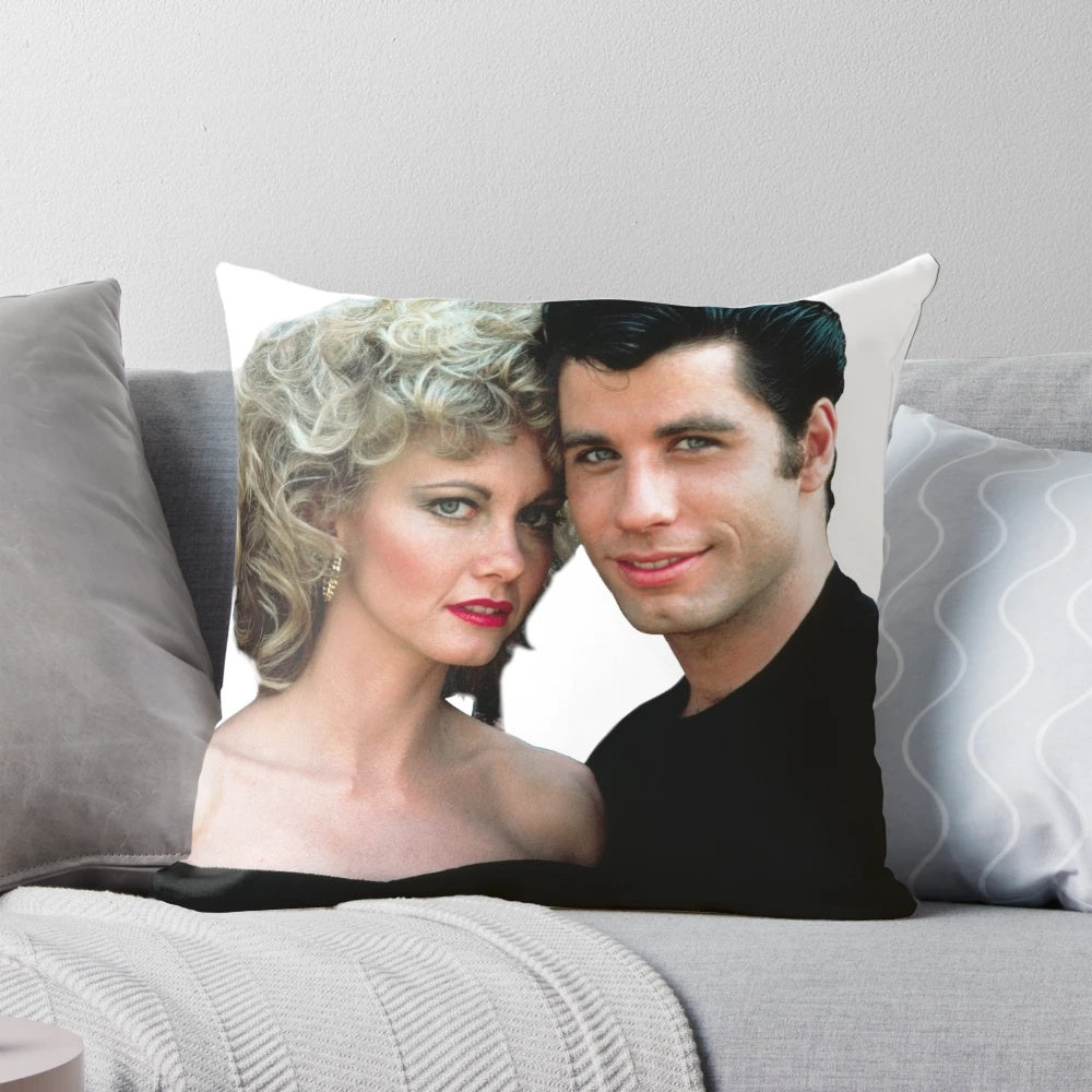 Grease-themed pillow featuring iconic characters Danny and Sandy