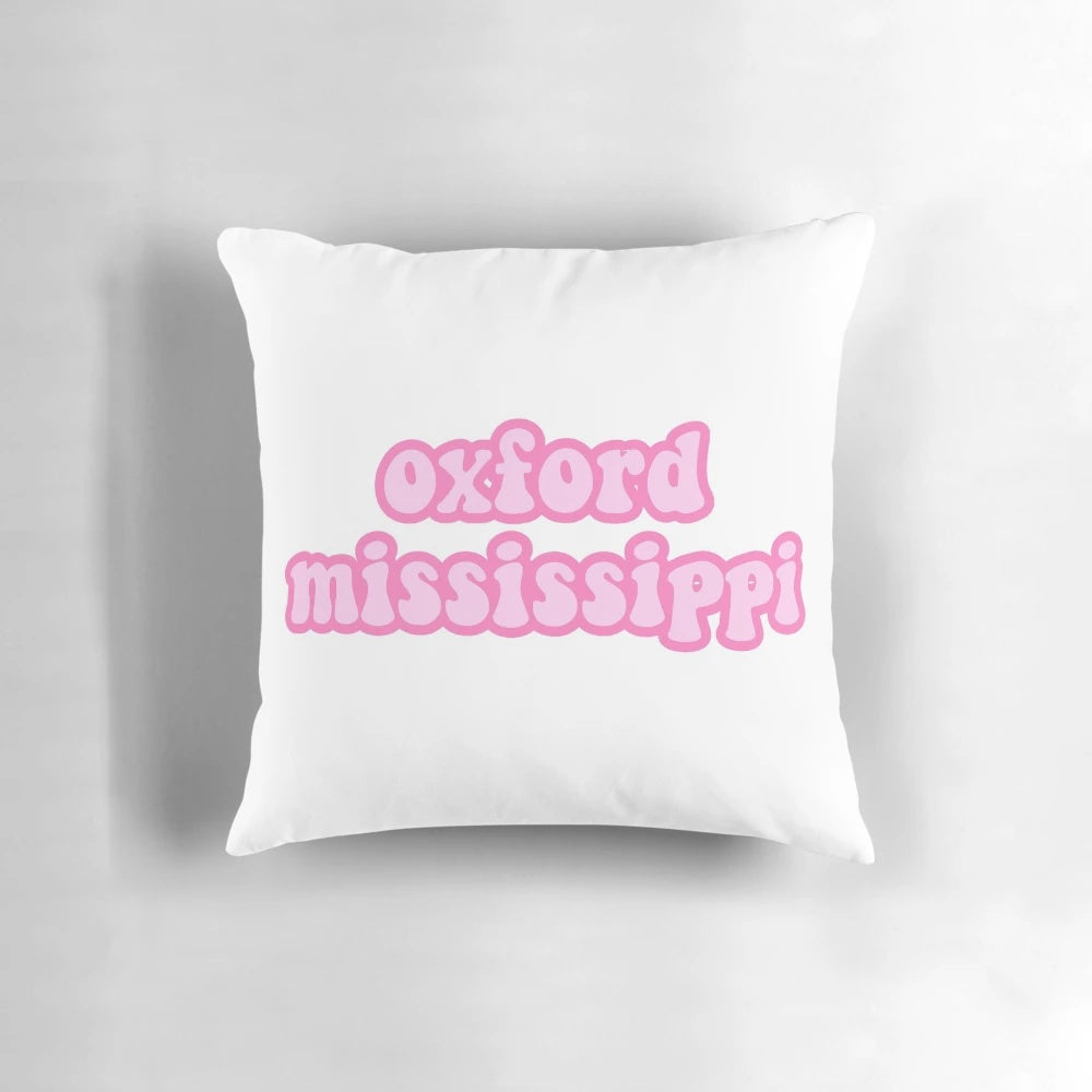 Pink bubble letter Pillow featuring the Oxford, Mississippi text