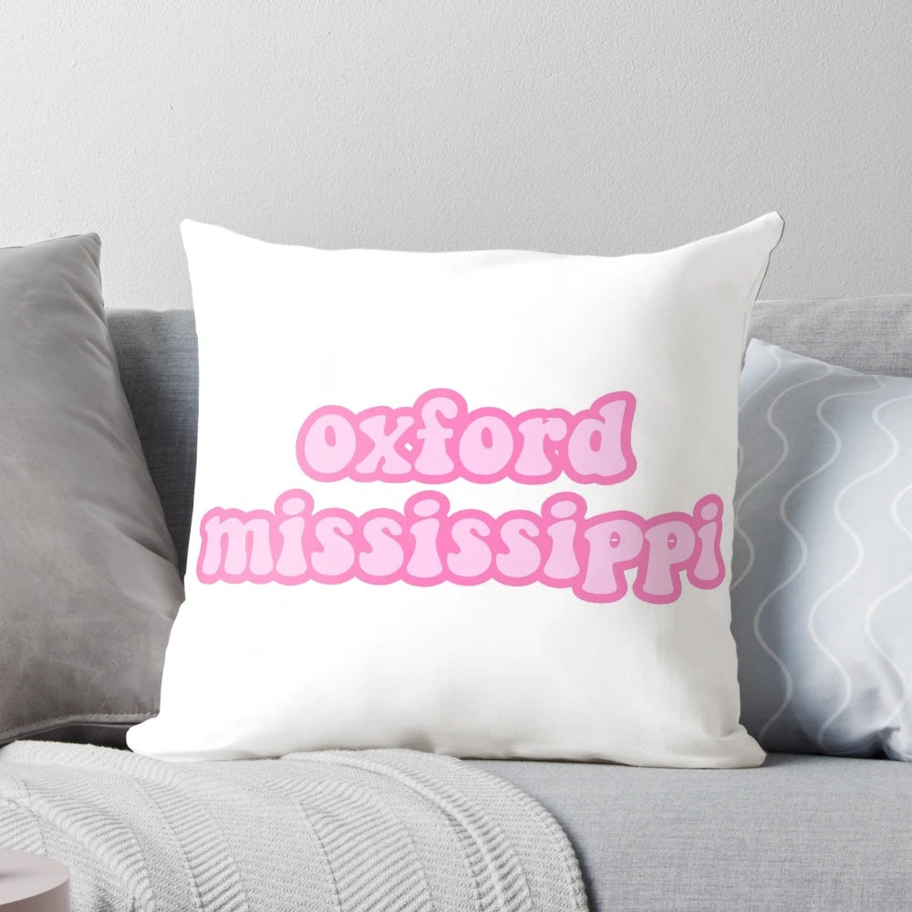Pink bubble letter Pillow featuring the Oxford, Mississippi text