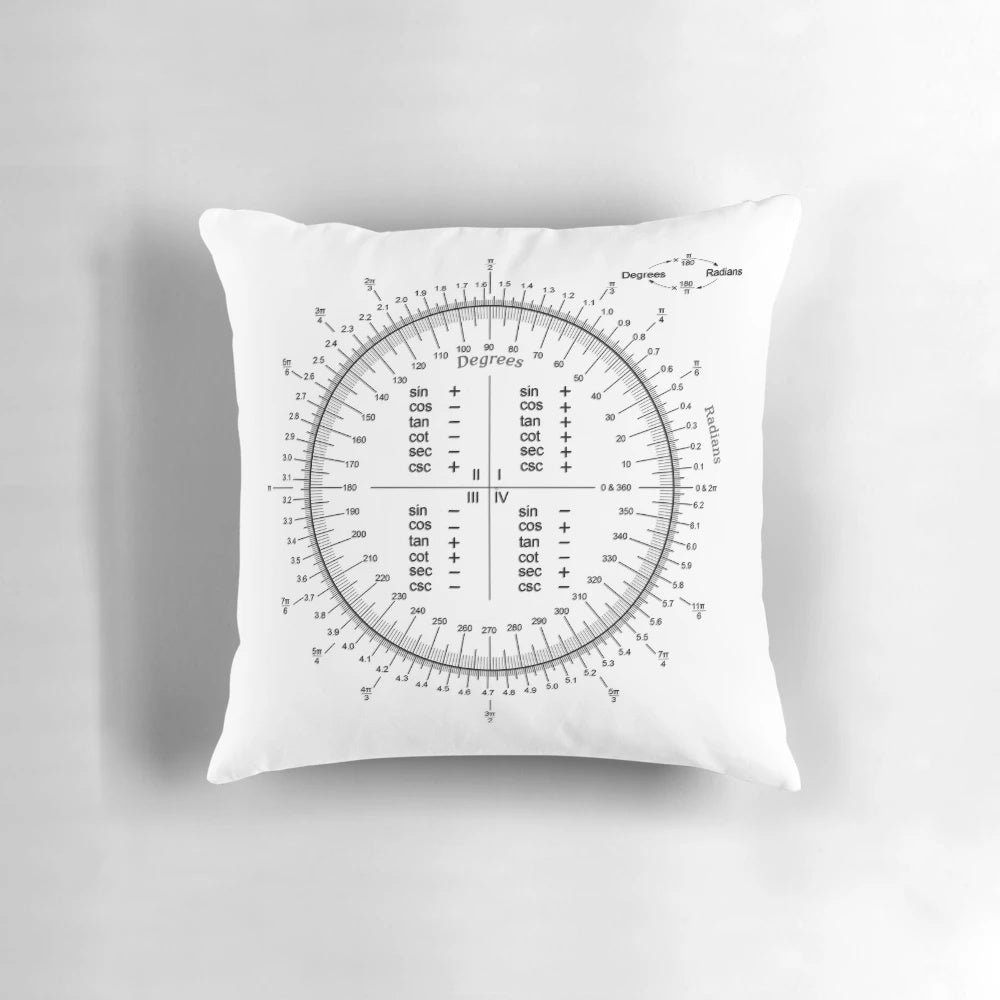 A soft, decorative pillow featuring a detailed illustration of the unit circle, a fundamental concept in mathematics.