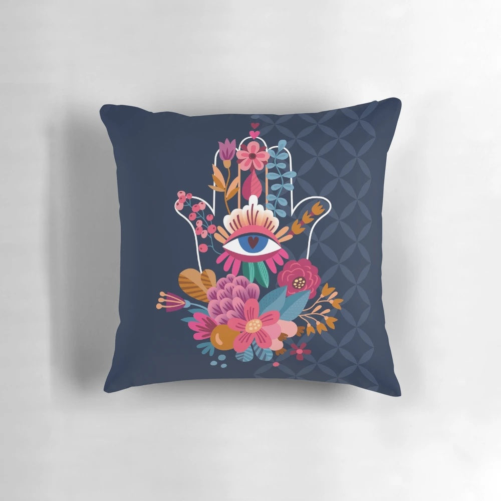 Vibrant hand of fatima pillow with floral and spiritual design elements