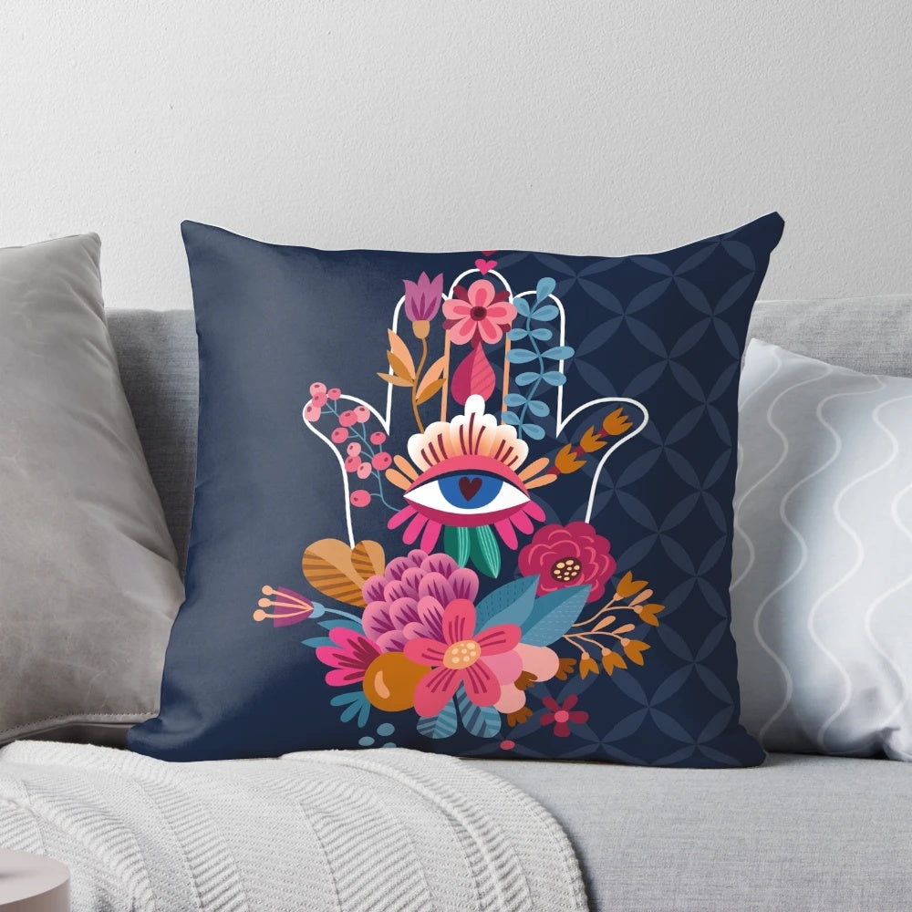 Vibrant hand of fatima pillow with floral and spiritual design elements