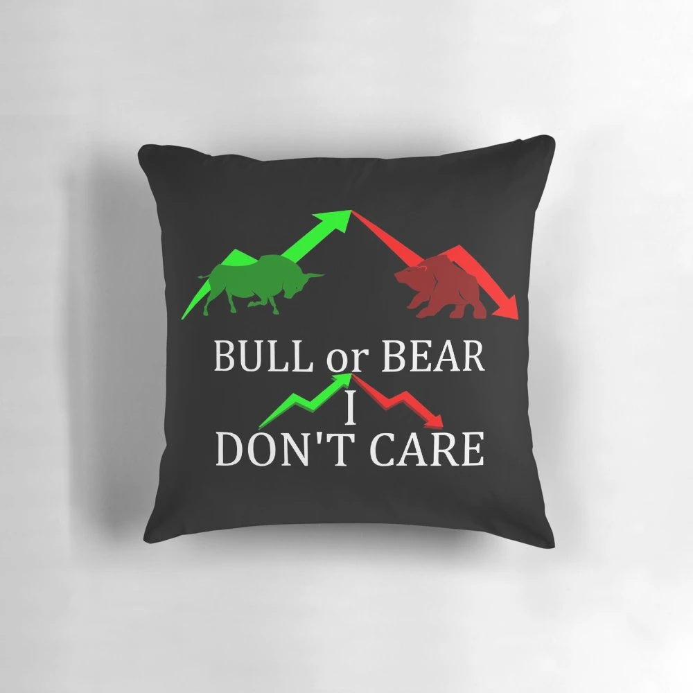 A decorative pillow with a "Bull or Bear" design, representing the stock market's ups and downs.
