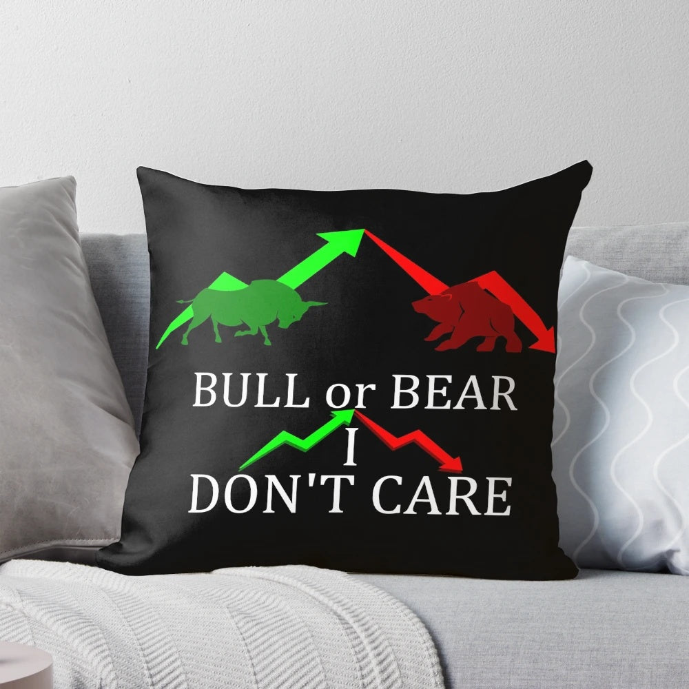 A decorative pillow with a "Bull or Bear" design, representing the stock market's ups and downs.