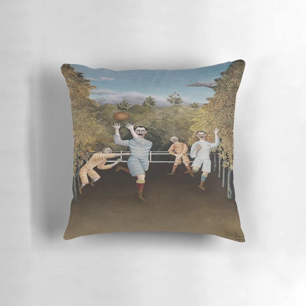 Vibrant pillow featuring Henri Rousseau's famous "The Football Players" exotic landscape painting, showcasing a playful and surreal take on the sport.
