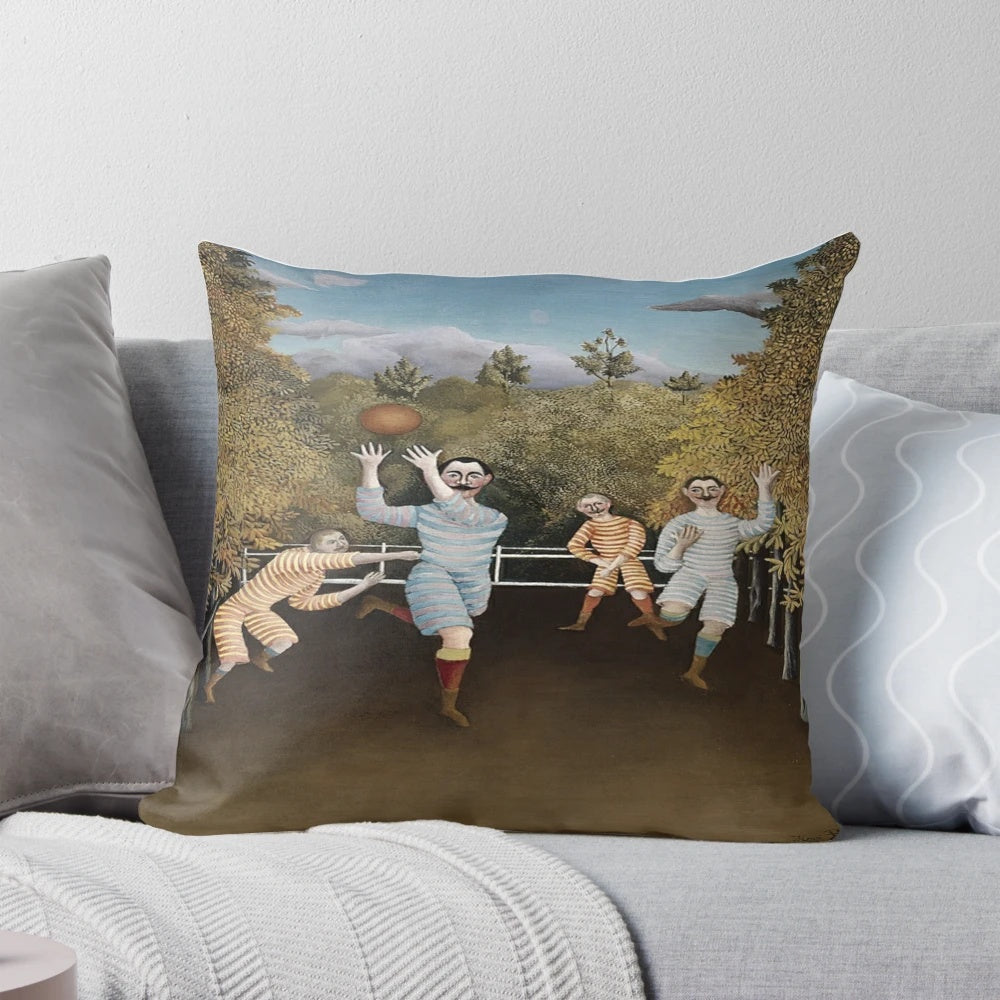 Vibrant pillow featuring Henri Rousseau's famous "The Football Players" exotic landscape painting, showcasing a playful and surreal take on the sport.