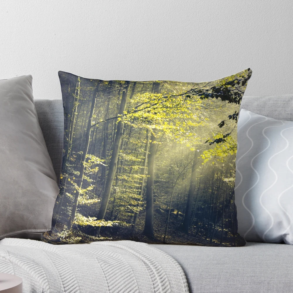 A Pillow featuring a serene forest landscape with rays of morning light filtering through the trees.