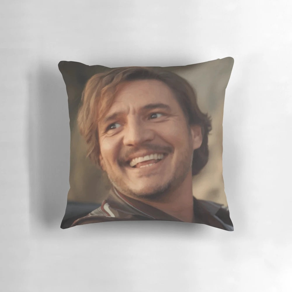 A Pillow featuring the Smiling Meme of Pedro Pascal and Nicolas Cage from the Movie "The Unbearable Weight of Massive Talent