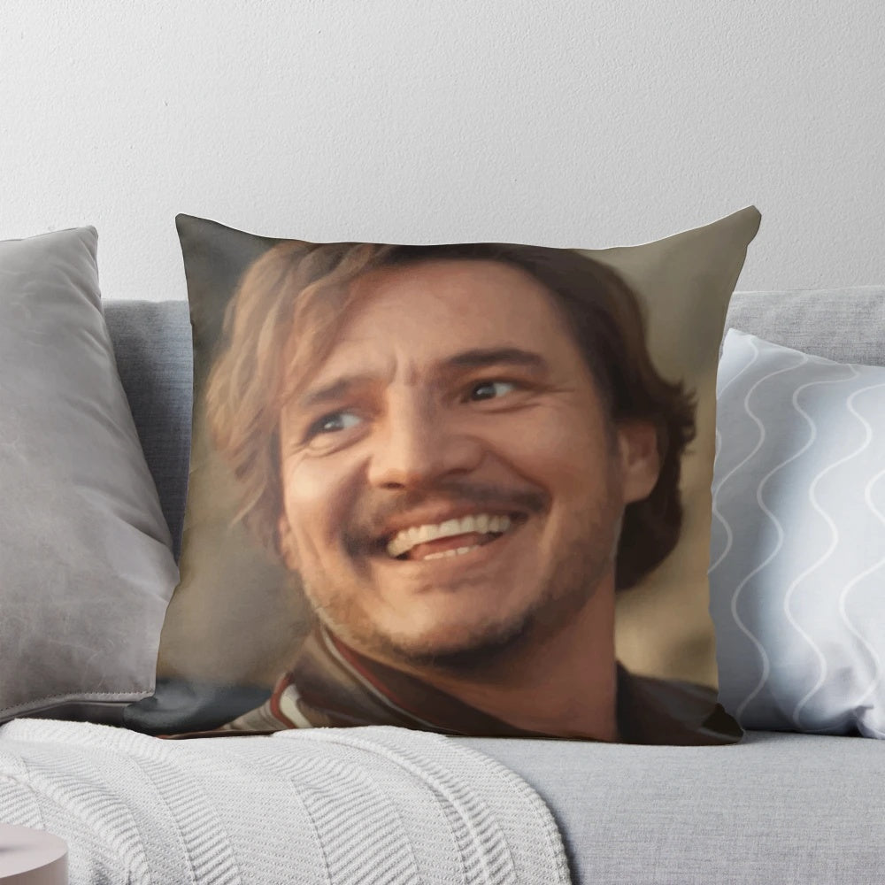 A Pillow featuring the Smiling Meme of Pedro Pascal and Nicolas Cage from the Movie "The Unbearable Weight of Massive Talent