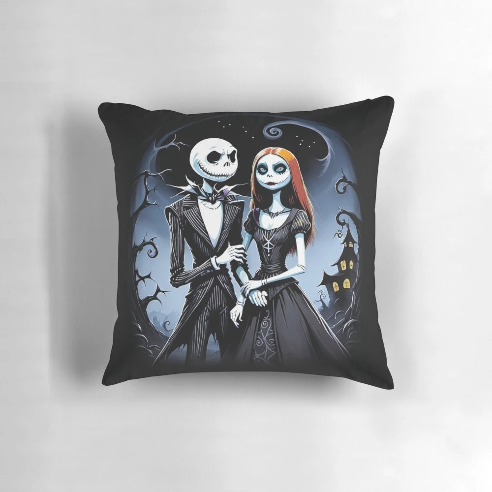 Jack Skellington and Sally in a moonlit embrace on a decorative Halloween pillow