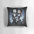 Jack Skellington and Sally in a moonlit embrace on a decorative Halloween pillow