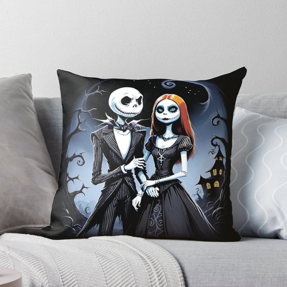 Jack Skellington and Sally in a moonlit embrace on a decorative Halloween pillow