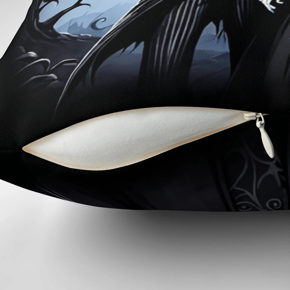Jack Skellington and Sally in a moonlit embrace on a decorative Halloween pillow
