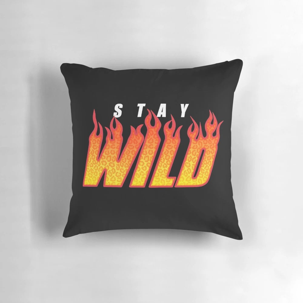 Stay Wild Fire Merch Pillow featuring a vibrant leopard print design