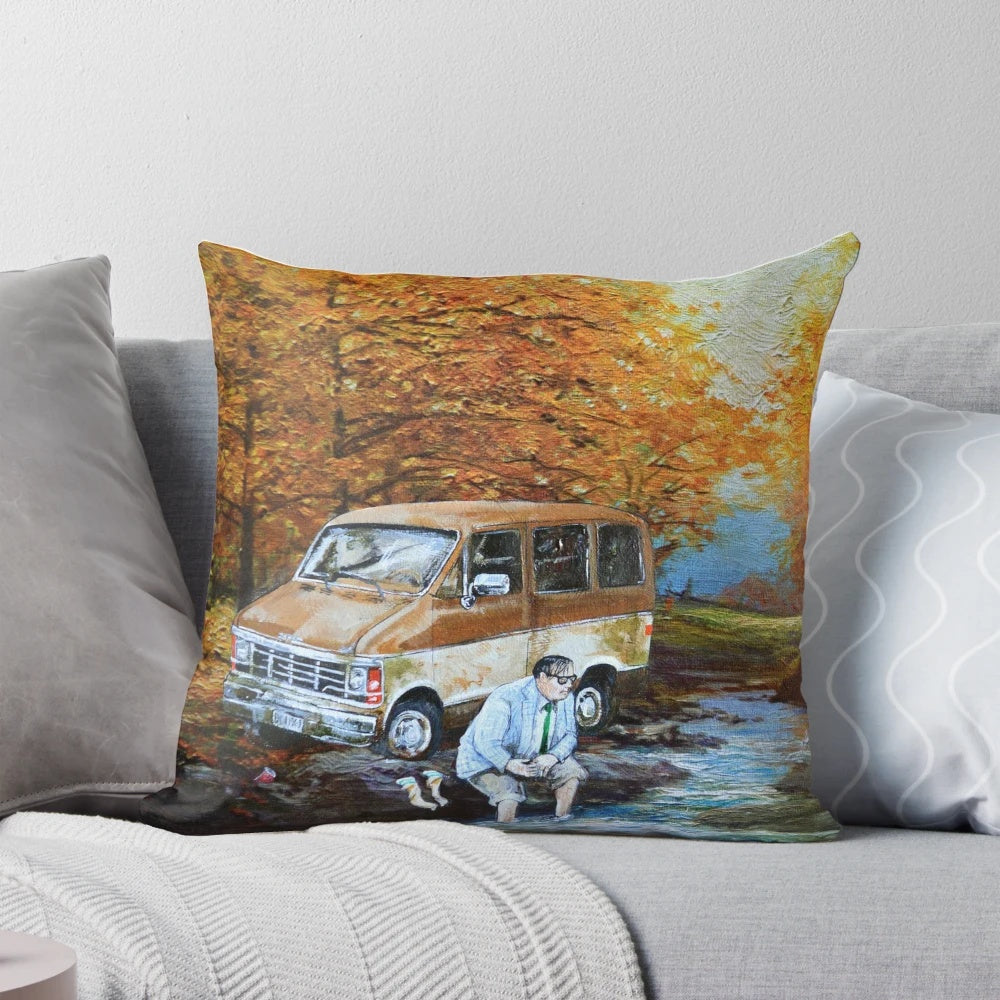 A cozy pillow featuring the iconic "Living in a Van Down by the River" design from Saturday Night Live's Matt Foley character.