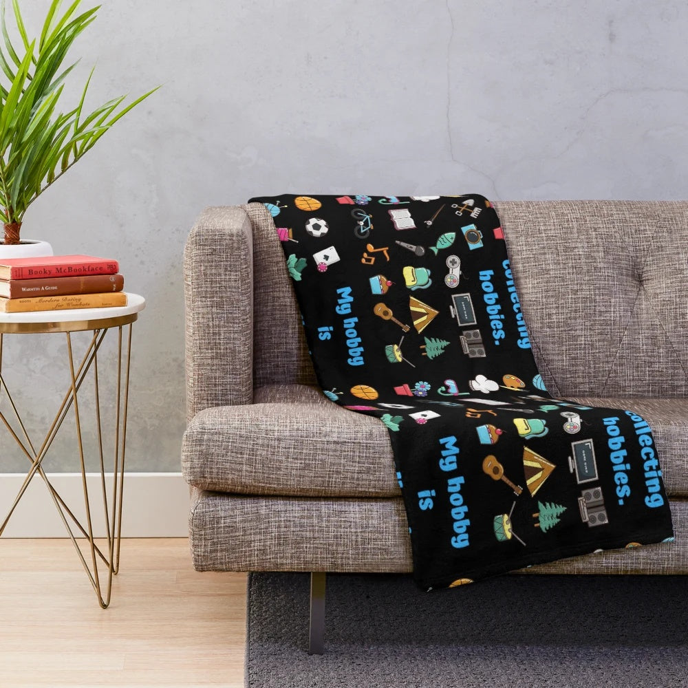 Plush blanket featuring a collection of hobbies