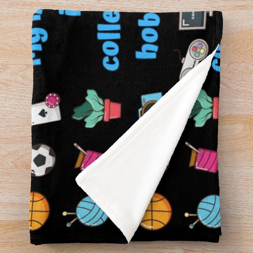 Plush blanket featuring a collection of hobbies