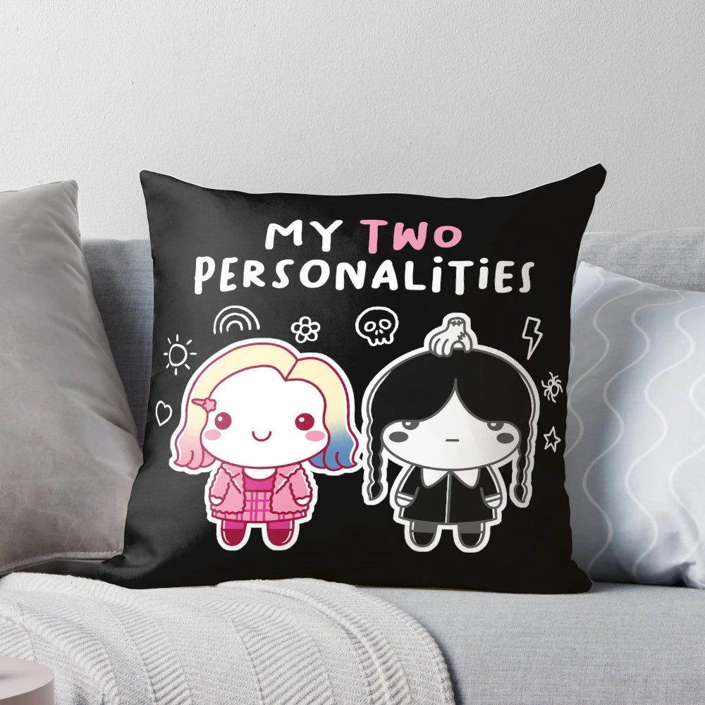 A decorative pillow featuring the iconic Wednesday Addams character from the Addams Family
