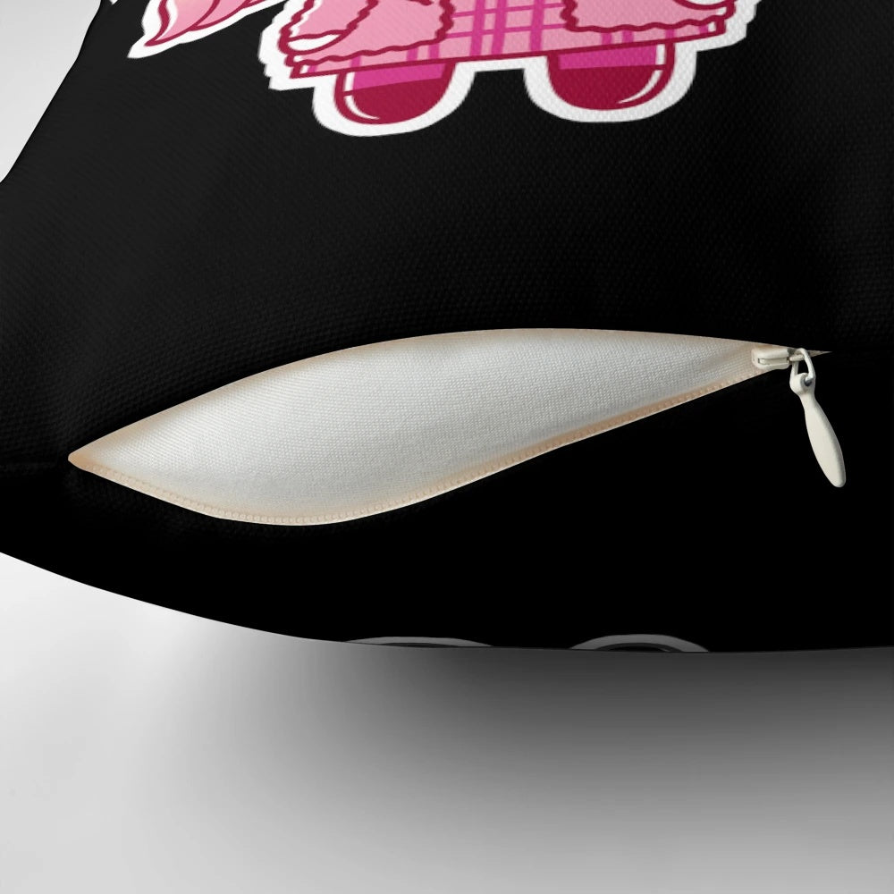 A decorative pillow featuring the iconic Wednesday Addams character from the Addams Family