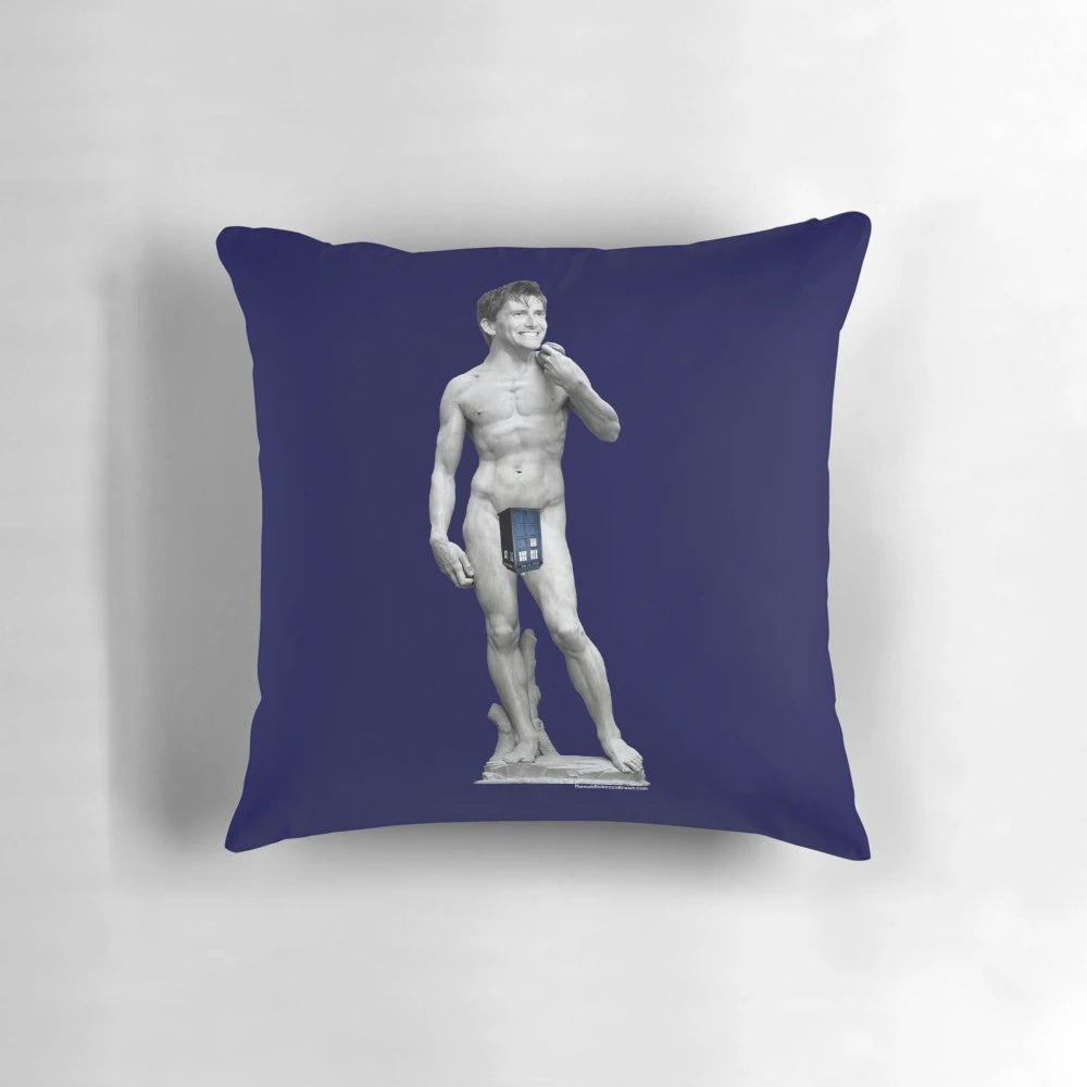 A plush pillow featuring a stylized image of actor David Tennant as the beloved Doctor from the popular sci-fi series Doctor Who.
