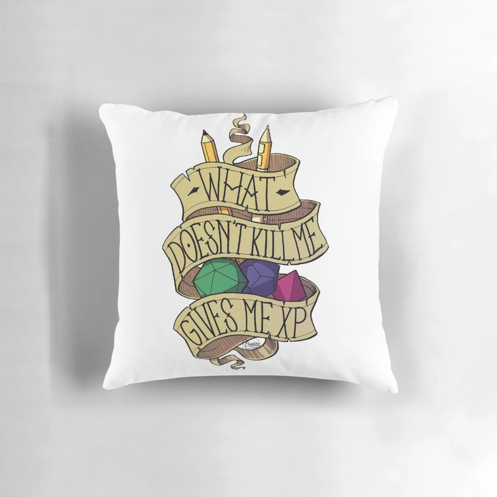A cozy, customized pillow featuring dice and a "What Doesn't Kill Me" design, perfect for any DnD or gaming enthusiast.