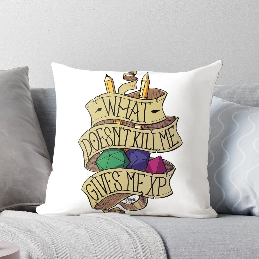 A cozy, customized pillow featuring dice and a "What Doesn't Kill Me" design, perfect for any DnD or gaming enthusiast.