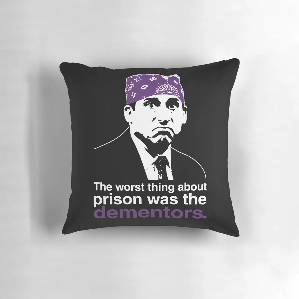 A soft, plush pillow featuring the iconic character Prison Mike from the hit TV show The Office.