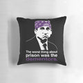 A soft, plush pillow featuring the iconic character Prison Mike from the hit TV show The Office.