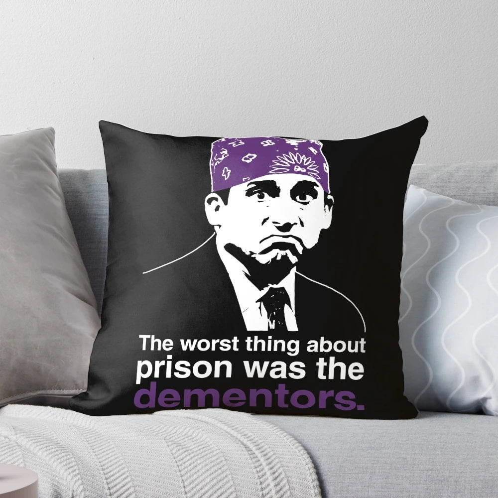 A soft, plush pillow featuring the iconic character Prison Mike from the hit TV show The Office.