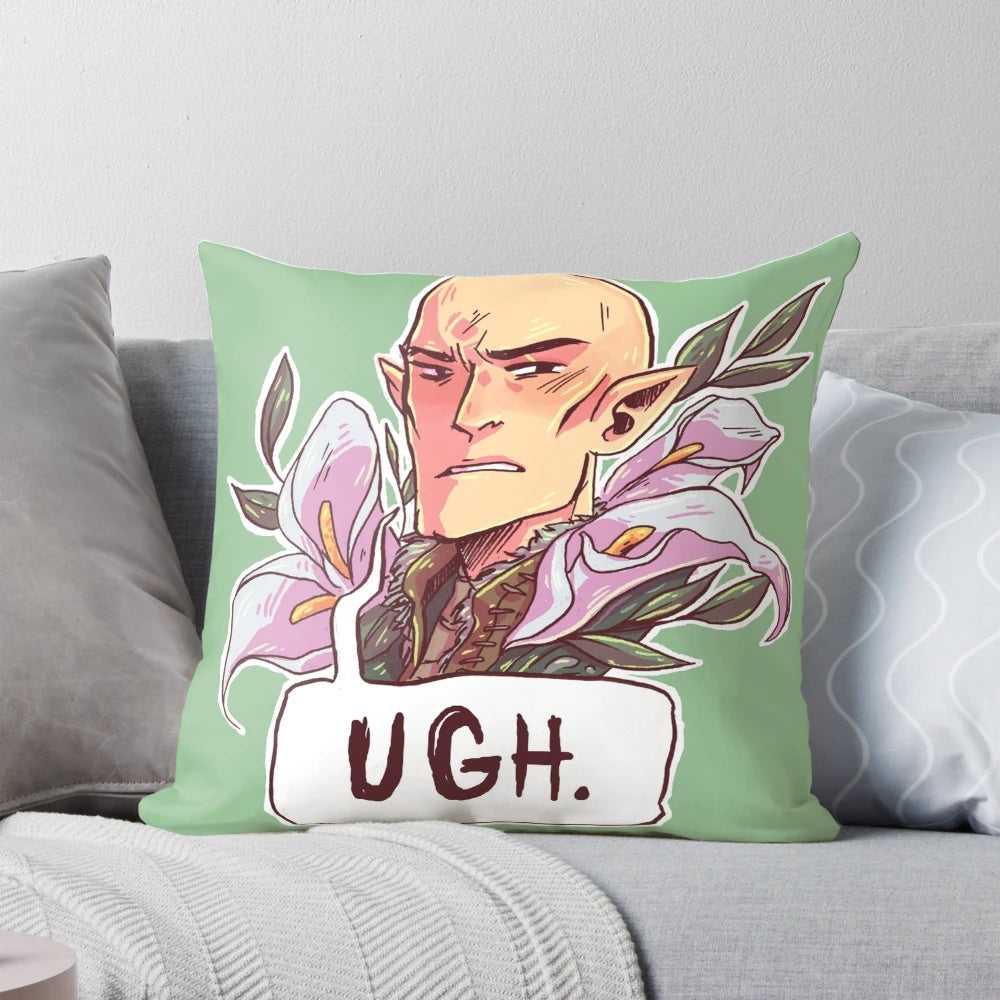 A cozy and stylish pillow featuring a judgemental sigh, perfect for Dragon Age fans