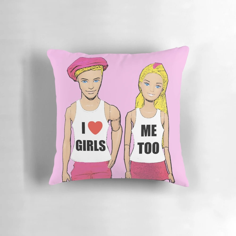 An LGBTQ-themed pillow featuring Barbie and Ken dolls, promoting lesbian art and humor.