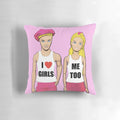 An LGBTQ-themed pillow featuring Barbie and Ken dolls, promoting lesbian art and humor.