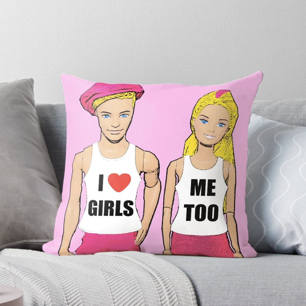 An LGBTQ-themed pillow featuring Barbie and Ken dolls, promoting lesbian art and humor.