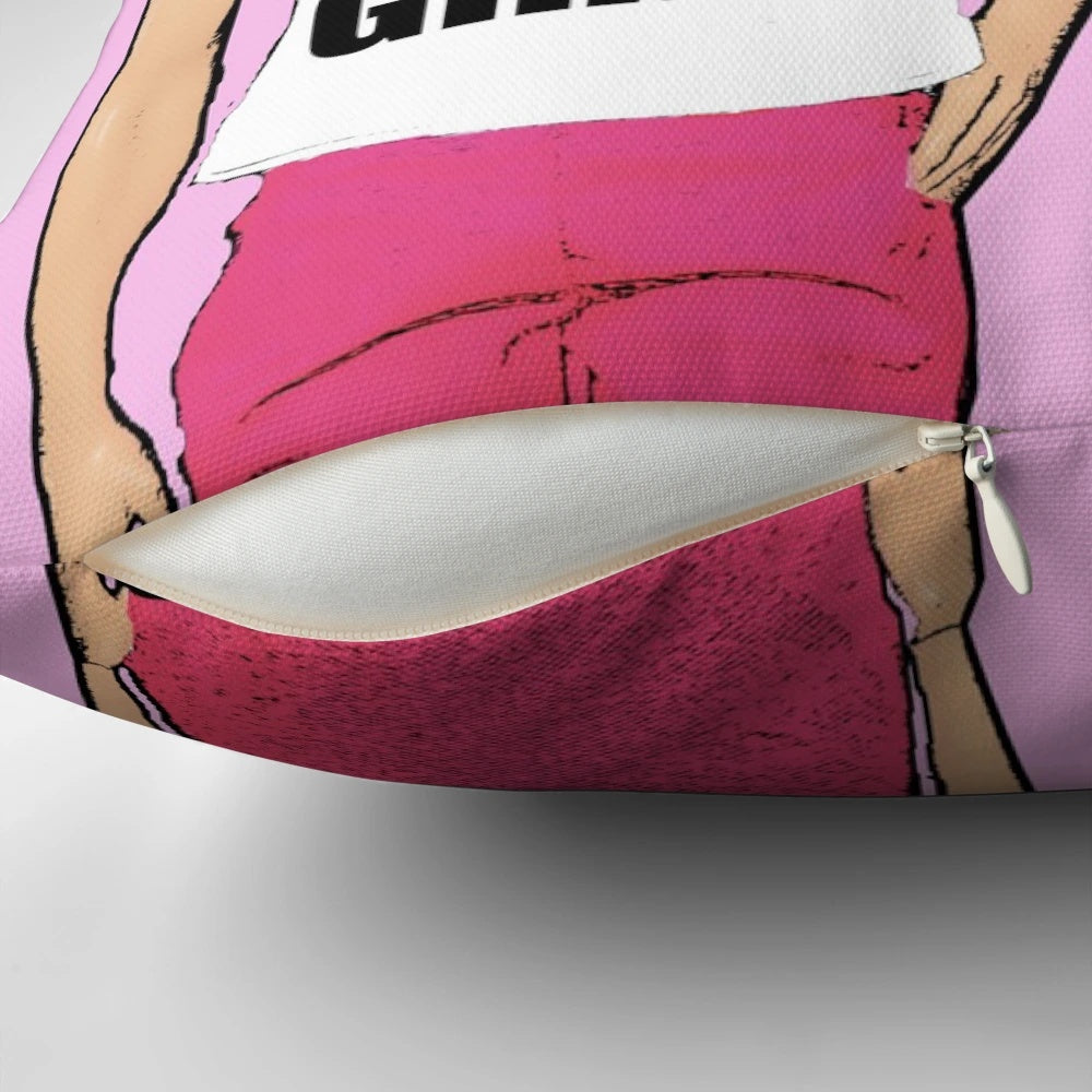 An LGBTQ-themed pillow featuring Barbie and Ken dolls, promoting lesbian art and humor.