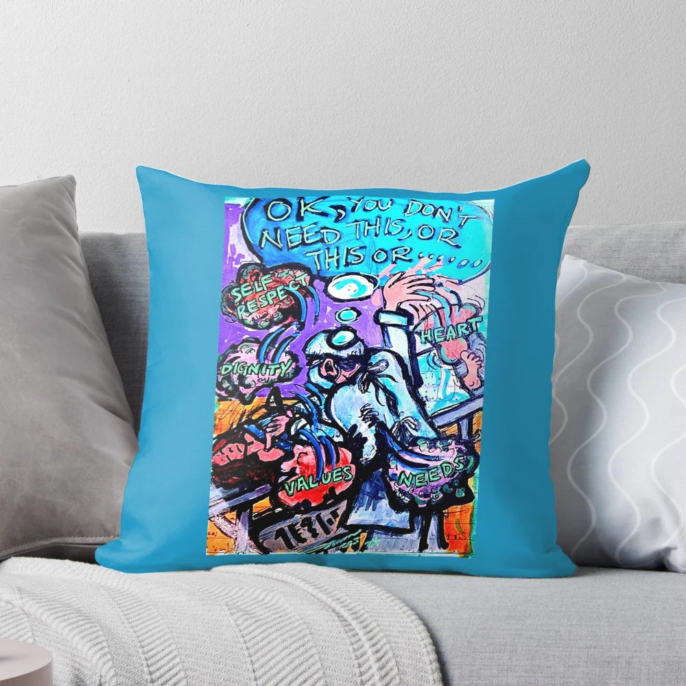 An image of a pillow on a hospital gurney, representing the message of self-worth and not needing unnecessary items.