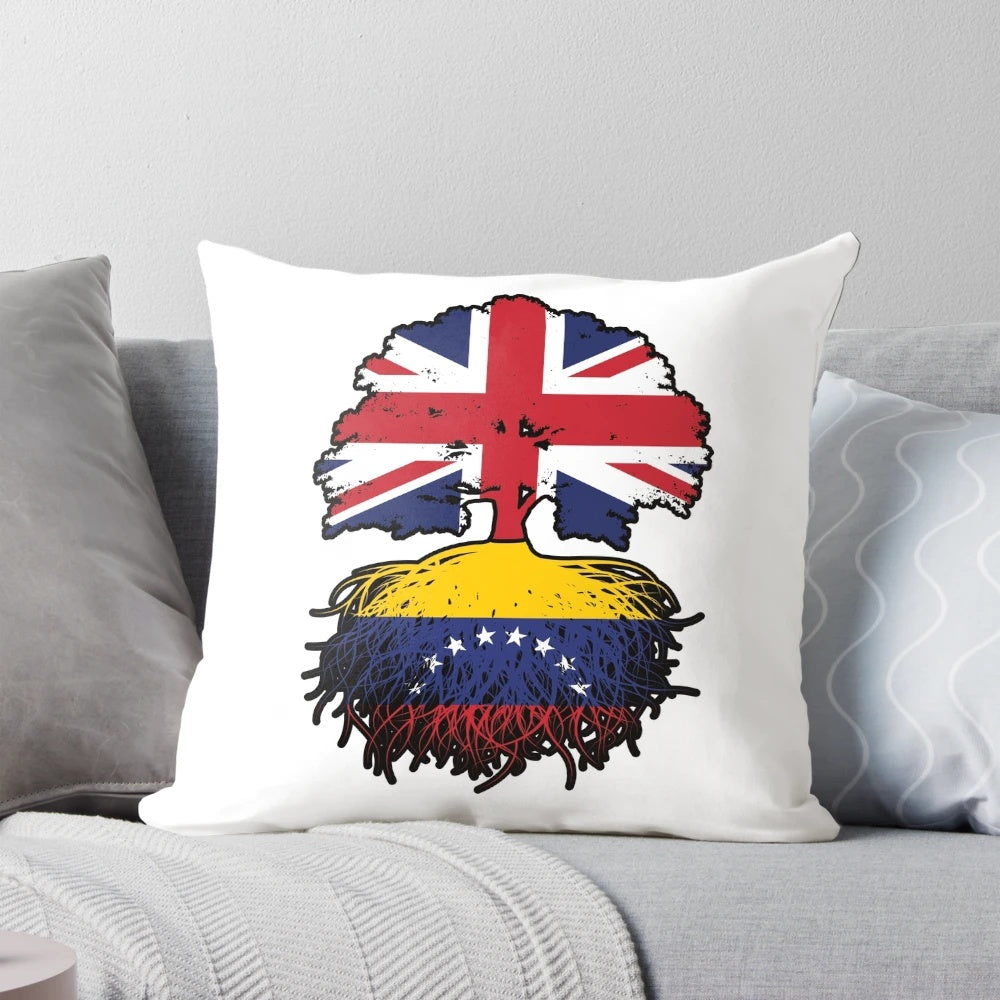 Vibrant UK-Venezuela flag pillow with intricate tree roots design, celebrating Venezuelan-British cultural roots.